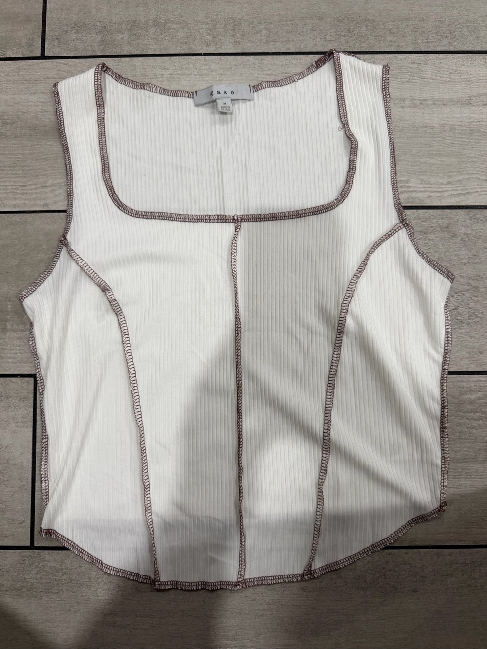 gaze White Ribbed Tank with Brown Contrast Stitching